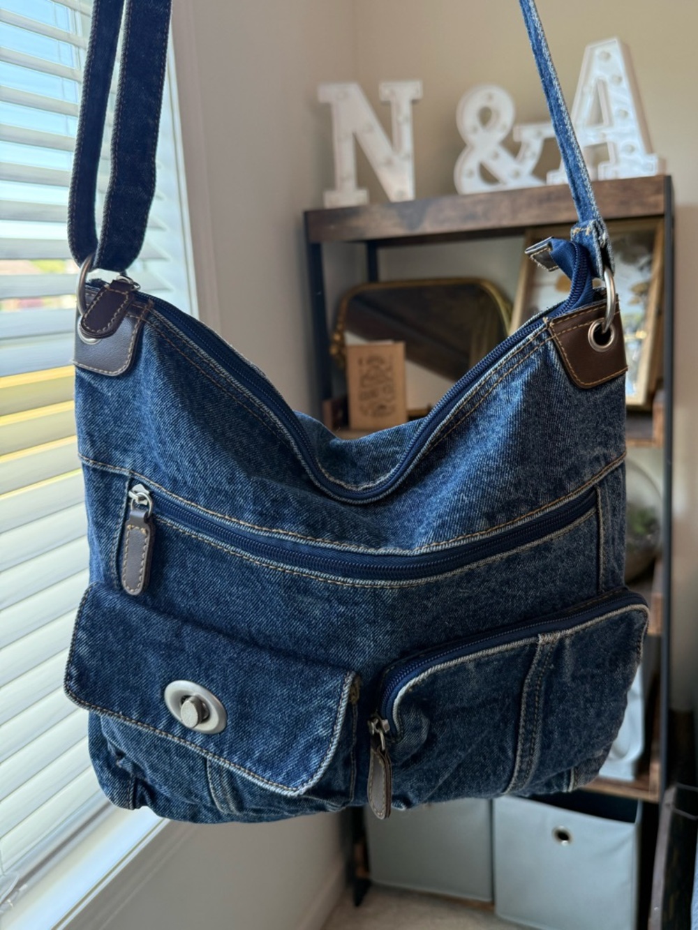 Y2K Denim Shoulder Bag with Front Pockets and Turnlock - Blue Jean